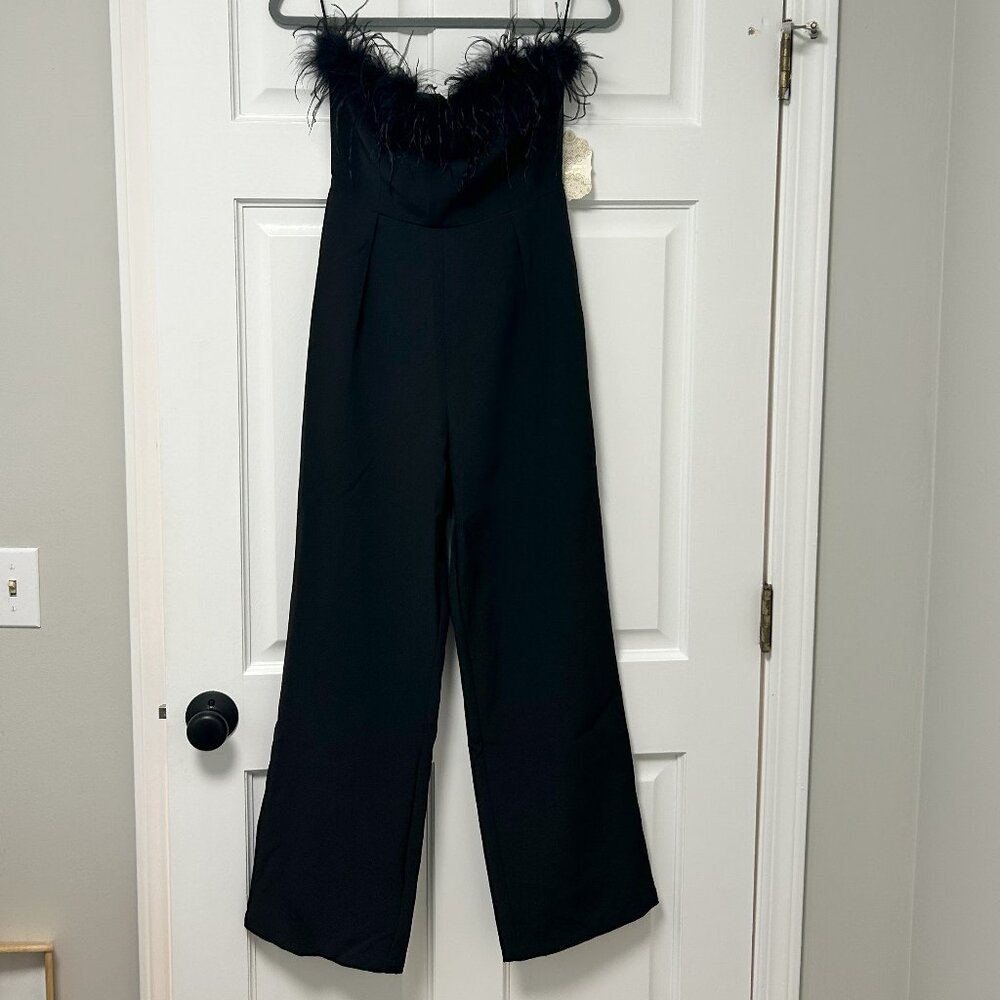 NWT!  Beautiful Elegant Black Feather-Trim Strapless Jumpsuit Size XS
